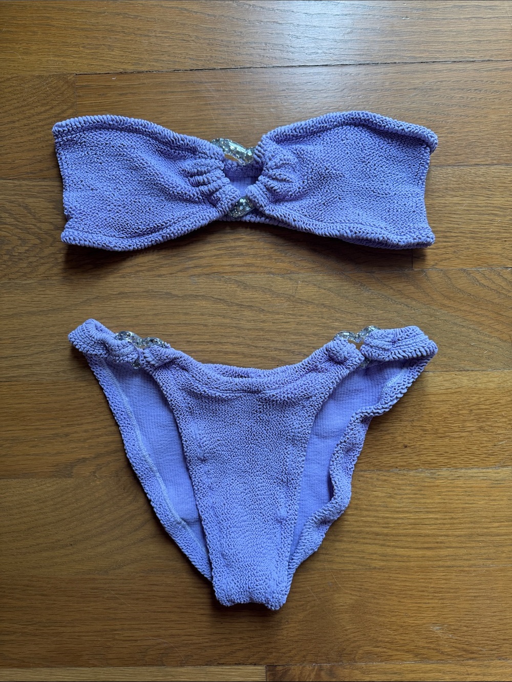 Hunza G Lilac Bandeau Bikini Set with acrylic heart Accents
